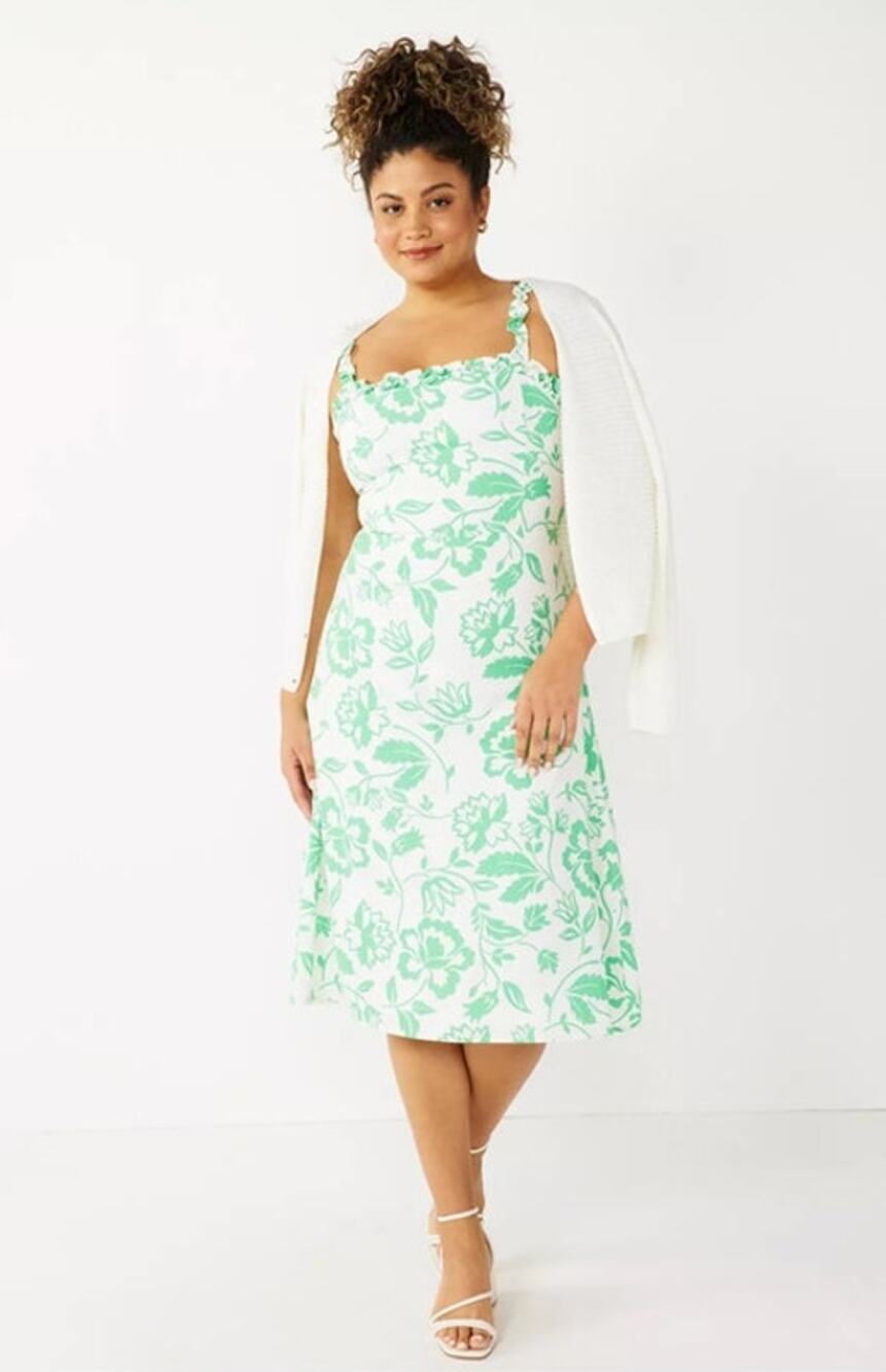 Draper James RSVP Ruffle Neck Midi Dress Green Floral Linen Blend NWT Sz 10